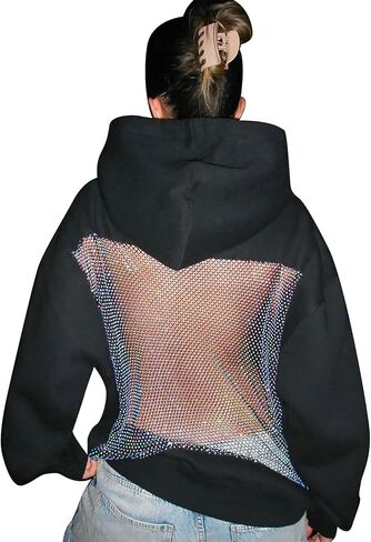 Womens Hoodie Sweatshirt Sexy See Through Back Hollow Sparkly Mesh Long Sleeve Oversized Pullover Party Tops in Saudi Arabia
