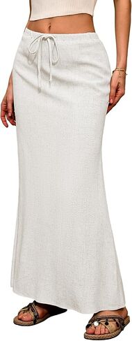 Linen Flared Maxi Skirt with Back Slit - Elastic Waist Drawstring Long Flowy Ankle-Length Skirt in Saudi Arabia