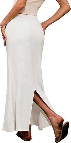 Linen Flared Maxi Skirt with Back Slit - Elastic Waist Drawstring Long Flowy Ankle-Length Skirt in Saudi Arabia