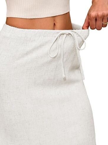 Linen Flared Maxi Skirt with Back Slit - Elastic Waist Drawstring Long Flowy Ankle-Length Skirt in Saudi Arabia