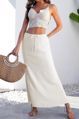 Linen Flared Maxi Skirt with Back Slit - Elastic Waist Drawstring Long Flowy Ankle-Length Skirt in Saudi Arabia