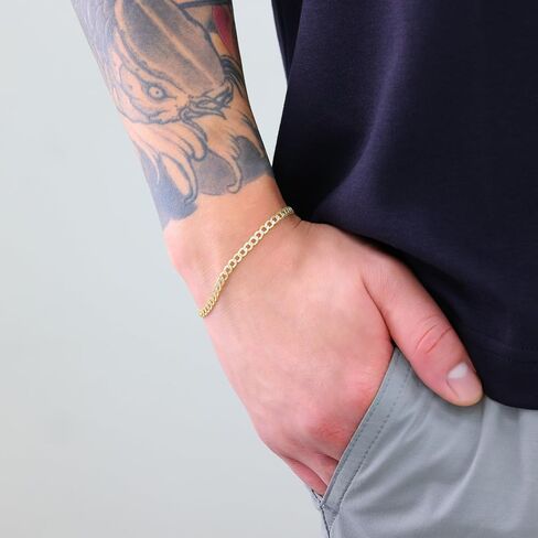 Nuragold 14k Real Yellow Gold Cuban Curb Link 3.5mm Diamond Cut Pave Chain Bracelet (7"-9") Two Tone Italian Jewelry for Men & Women in Saudi Arabia
