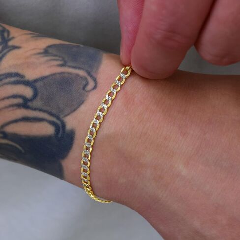 Nuragold 14k Real Yellow Gold Cuban Curb Link 3.5mm Diamond Cut Pave Chain Bracelet (7"-9") Two Tone Italian Jewelry for Men & Women in Saudi Arabia