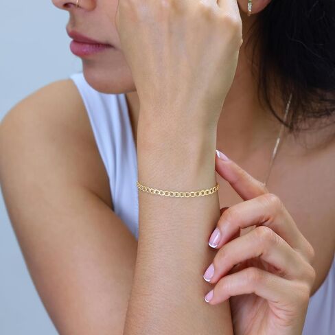 Nuragold 14k Real Yellow Gold Cuban Curb Link 3.5mm Diamond Cut Pave Chain Bracelet (7"-9") Two Tone Italian Jewelry for Men & Women in Saudi Arabia