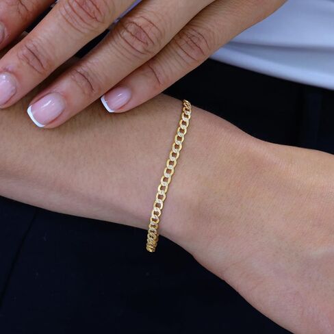 Nuragold 14k Real Yellow Gold Cuban Curb Link 3.5mm Diamond Cut Pave Chain Bracelet (7"-9") Two Tone Italian Jewelry for Men & Women in Saudi Arabia