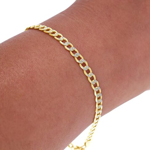 Nuragold 14k Real Yellow Gold Cuban Curb Link 3.5mm Diamond Cut Pave Chain Bracelet (7"-9") Two Tone Italian Jewelry for Men & Women in Saudi Arabia