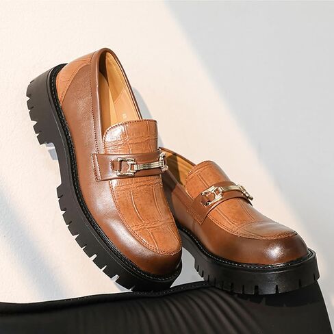 Men's Leather Platform Penny Loafers with Metal Embellishments Fashion Round Toe Lug Sole Business Wedding Shoes Driving Dress Work Shoes in Saudi Arabia
