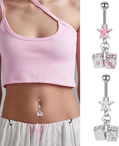 14G Dice Dangle Belly Button Rings for Women 316L Stainless Steel CZ Star Dice Dangling Belly Navel Rings Belly Curved Barbell Cute Navel Piercing Jewelry in Saudi Arabia