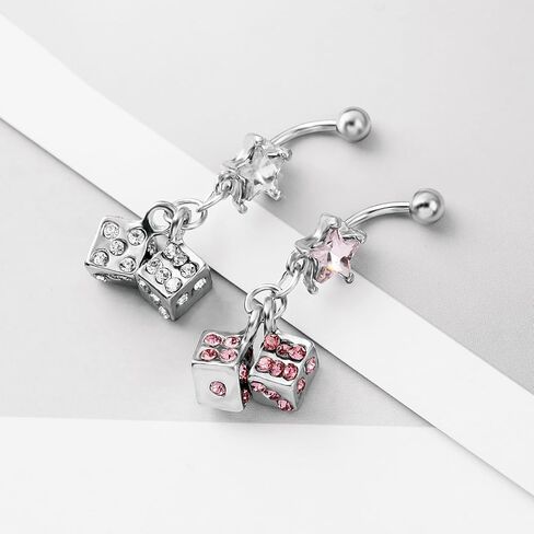 14G Dice Dangle Belly Button Rings for Women 316L Stainless Steel CZ Star Dice Dangling Belly Navel Rings Belly Curved Barbell Cute Navel Piercing Jewelry in Saudi Arabia