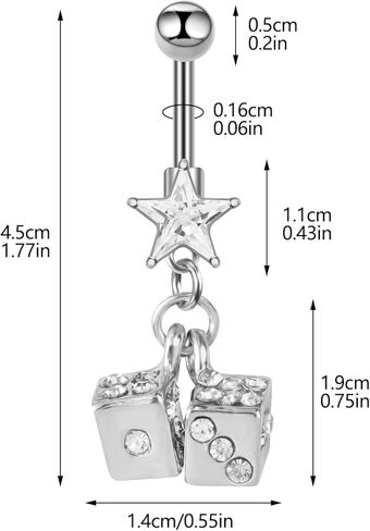 14G Dice Dangle Belly Button Rings for Women 316L Stainless Steel CZ Star Dice Dangling Belly Navel Rings Belly Curved Barbell Cute Navel Piercing Jewelry in Saudi Arabia