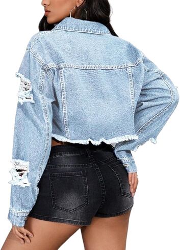 DvaeMalligo Women's Cropped Denim Jacket Ripped Button Down Long Sleeve Raw Hem Distressed Short Jean Jackets in Saudi Arabia