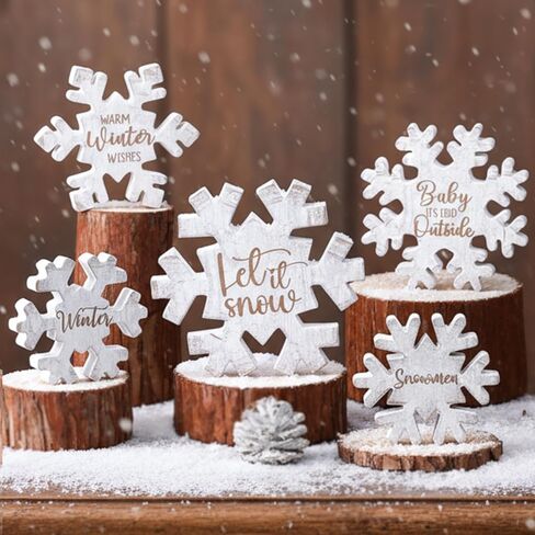 Thyle 5 Pcs Winter Wooden Snowflake Table Decor Snowflake Wonderland Tiered Tray Decor Let It Snow Tabletop Decorations Centerpiece Farmhouse Block Signs for Winter Party Kitchen Home (Farmhouse) in Saudi Arabia