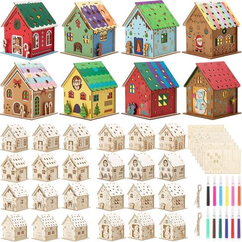 Threehoney 24 Sets DIY Wooden Christmas Houses and Watercolor Pens Gingerbread House Kit Wooden Christmas Village Make Your Own 3D Graffiti Crafts for Activity Creative DIY Art Winter Table Decor in Saudi Arabia