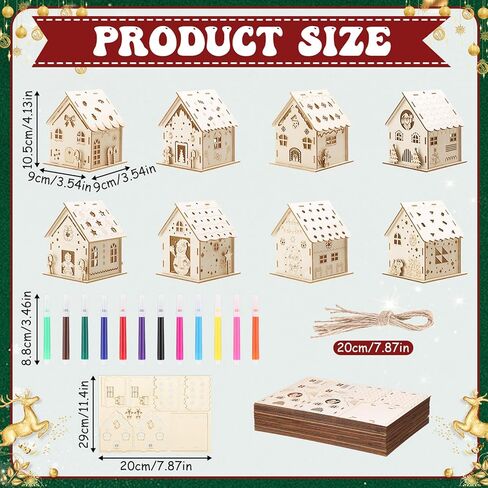 Threehoney 24 Sets DIY Wooden Christmas Houses and Watercolor Pens Gingerbread House Kit Wooden Christmas Village Make Your Own 3D Graffiti Crafts for Activity Creative DIY Art Winter Table Decor in Saudi Arabia