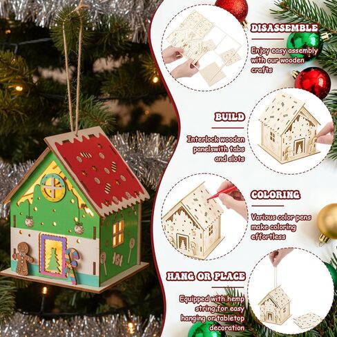 Threehoney 24 Sets DIY Wooden Christmas Houses and Watercolor Pens Gingerbread House Kit Wooden Christmas Village Make Your Own 3D Graffiti Crafts for Activity Creative DIY Art Winter Table Decor in Saudi Arabia