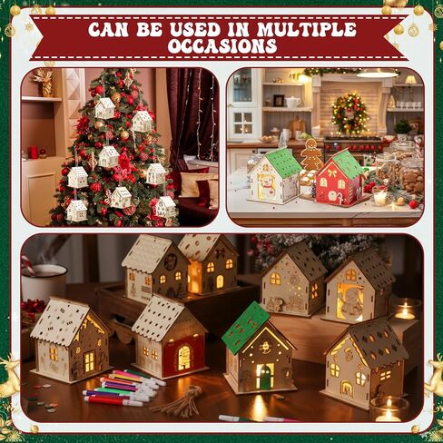 Threehoney 24 Sets DIY Wooden Christmas Houses and Watercolor Pens Gingerbread House Kit Wooden Christmas Village Make Your Own 3D Graffiti Crafts for Activity Creative DIY Art Winter Table Decor in Saudi Arabia