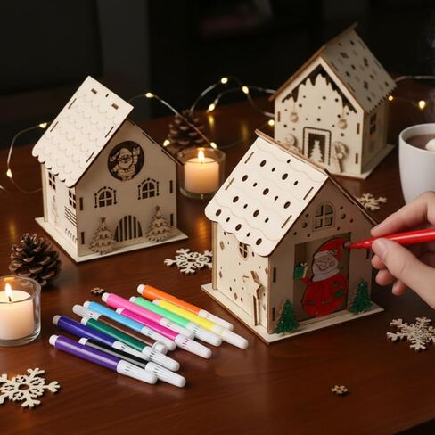 Threehoney 24 Sets DIY Wooden Christmas Houses and Watercolor Pens Gingerbread House Kit Wooden Christmas Village Make Your Own 3D Graffiti Crafts for Activity Creative DIY Art Winter Table Decor in Saudi Arabia