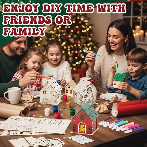 Threehoney 24 Sets DIY Wooden Christmas Houses and Watercolor Pens Gingerbread House Kit Wooden Christmas Village Make Your Own 3D Graffiti Crafts for Activity Creative DIY Art Winter Table Decor in Saudi Arabia