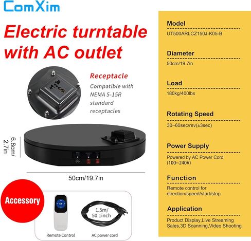 19.7In/50cm Large Motorized Rotating Display Stand,400Lb Capacity Electric rotary table,360°Rotating Platform,Heavy Duty Motorized Electric Turntable,Exhibition Rotating Table with Power Outlet in Saudi Arabia