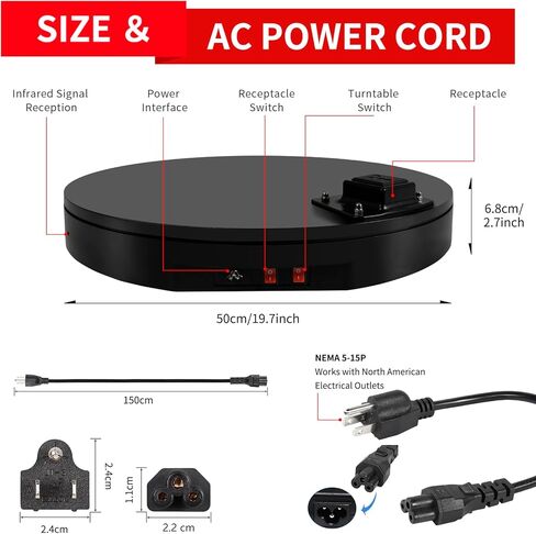 19.7In/50cm Large Motorized Rotating Display Stand,400Lb Capacity Electric rotary table,360°Rotating Platform,Heavy Duty Motorized Electric Turntable,Exhibition Rotating Table with Power Outlet in Saudi Arabia