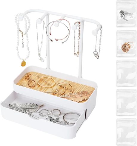 WCHOSOZH Jewelry Organizer Stand, Necklace Holder with Wooden Tray 5 Storage Hooks, Earring Holder with 5 Pcs Jewelry Bags for Bracelet,Chains,Rings,Earrings,Keys Watches,Necklaces (White) in Kuwait