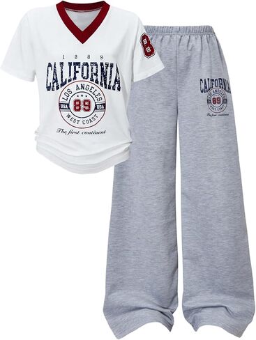 SHENHE Girl's 2 Piece Outfits Graphic Short Sleeve Jersey Tee and Wide Leg Baggy Sweatpants Sets in Saudi Arabia