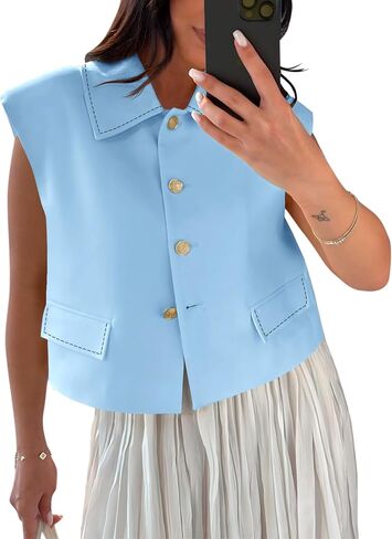 Tankaneo Womens Cropped Suit Vest Tops Cap Sleeve Lapel Collar Button Down Trendy Casual Blazer Waistcoats in Saudi Arabia