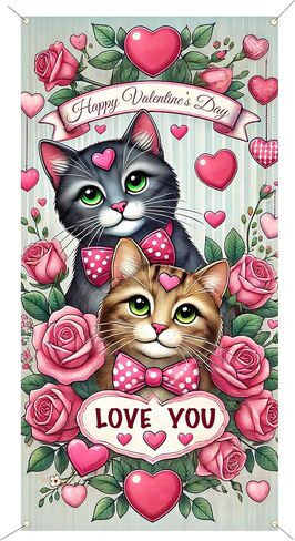 غطاء باب عيد الحب 71 × 35 بوصة Cat عيد الحب ديكورات لافتة الباب الخلفية عيد الحب الباب الأمامي معلقة لافتة التصوير الفوتوغرافي in Saudi Arabia