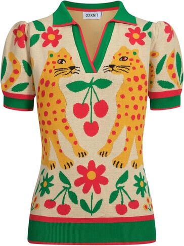 OXKNIT Women's Knitted Polo Shirts Short Sleeve, Retro Leopard Pattern Beige Casual Cotton V-Neck Pull-on Tops in Saudi Arabia