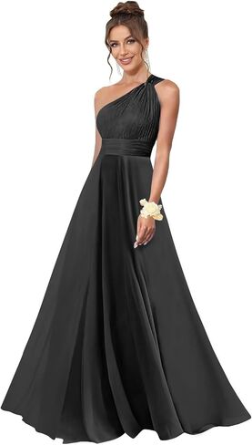 One Shoulder Bridesmaid Dresses for Wedding Chiffon A Line Pleated Long Formal Prom Dress with Pockets in Saudi Arabia