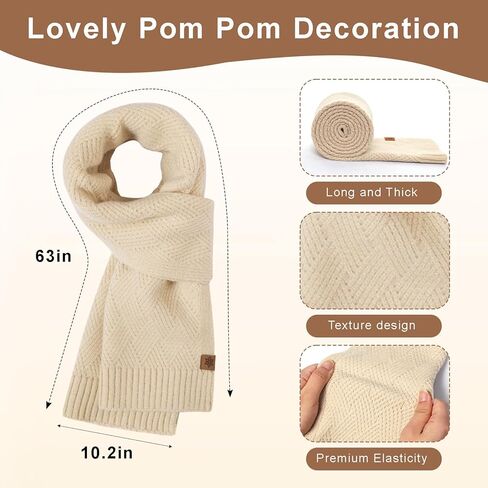 مجموعة وشاح قبعة صغيرة للنساء مبطنة بالصوف قبعة بوم بوم وشاح طويل للنساء لملابس الشتاء in Kuwait