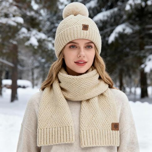 مجموعة وشاح قبعة صغيرة للنساء مبطنة بالصوف قبعة بوم بوم وشاح طويل للنساء لملابس الشتاء in Kuwait