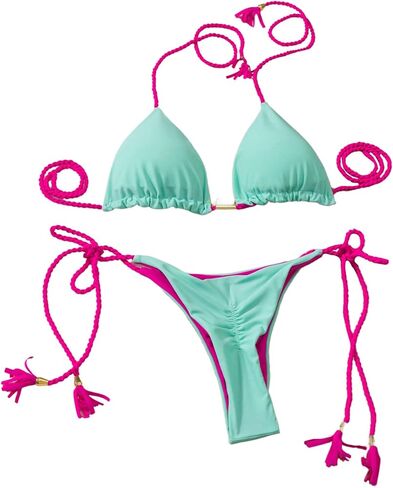 WDIRARA Women's Halter String Bikini Set Ruched 2 Piece Swimsuit Contrast Trim Thong Bathing Suit in Saudi Arabia