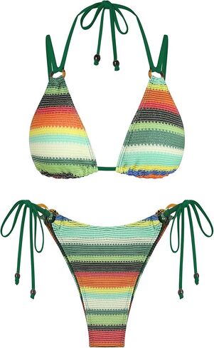 ZAFUL Women's Halter Bikini Set Stripes Triangle Tied Cheeky Thong Double Shoulder Straps Two Piece Bathing Suit in Saudi Arabia
