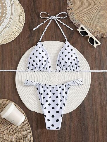 Women's Cute Polka Dots Print Bathing Suit Halter High Waist Swimsuit Bikini Set in Saudi Arabia