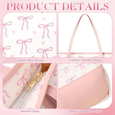 Abbylike Coquette Tote Bag for Women Leather Pink Bow Handbags with Cute Bow Charm Bag with Pouch for Women in Saudi Arabia