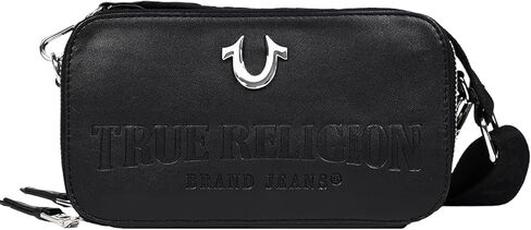 True Religion Camera Bag, Double-Zip Horseshoe Crossbody Purse with Adjustable Strap, Embossed Logo and Silver Hardware, Black in Saudi Arabia