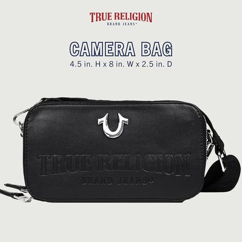 True Religion Camera Bag, Double-Zip Horseshoe Crossbody Purse with Adjustable Strap, Embossed Logo and Silver Hardware, Black in Saudi Arabia