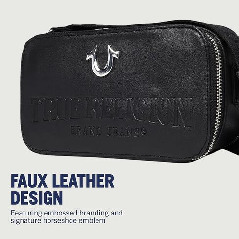 True Religion Camera Bag, Double-Zip Horseshoe Crossbody Purse with Adjustable Strap, Embossed Logo and Silver Hardware, Black in Saudi Arabia