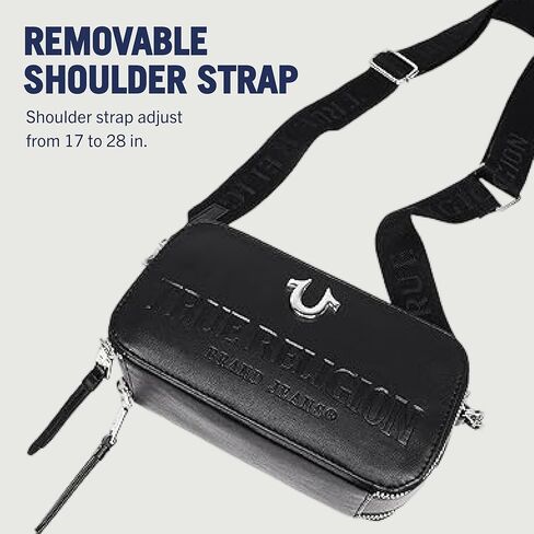 True Religion Camera Bag, Double-Zip Horseshoe Crossbody Purse with Adjustable Strap, Embossed Logo and Silver Hardware, Black in Saudi Arabia