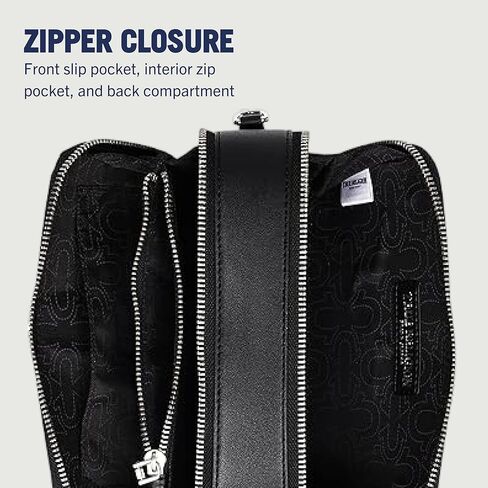 True Religion Camera Bag, Double-Zip Horseshoe Crossbody Purse with Adjustable Strap, Embossed Logo and Silver Hardware, Black in Saudi Arabia