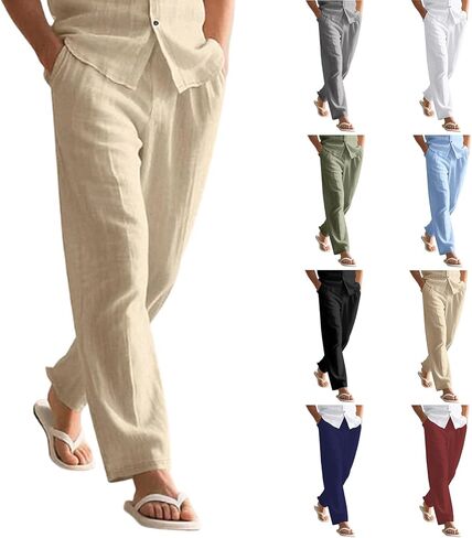 Linen Pants Men Relaxed Fit Summer Beach Pants with Pockets Comfy Casual Straight Leg Pant Lounge Loose Trousers in Saudi Arabia