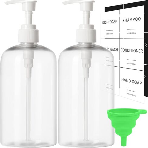 Soap Dispenser with Waterproof Labels, Thickened Plastic Hand Soap Dispenser for Bathroom, Kitchen Dish Washing Liquid Bottles, Shampoo and Conditioner Bottles (16.9 oz, Set of 2, Clear) in Saudi Arabia