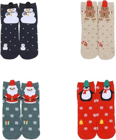 4 Pairs Socks Set for Women – Santa, Snowman, Penguin & Gingerbread Designs, Cozy Winter Holiday Socks (Sock Size 9–11 / Fits US Shoe 5.5–9.5, EU 36–40) in Kuwait