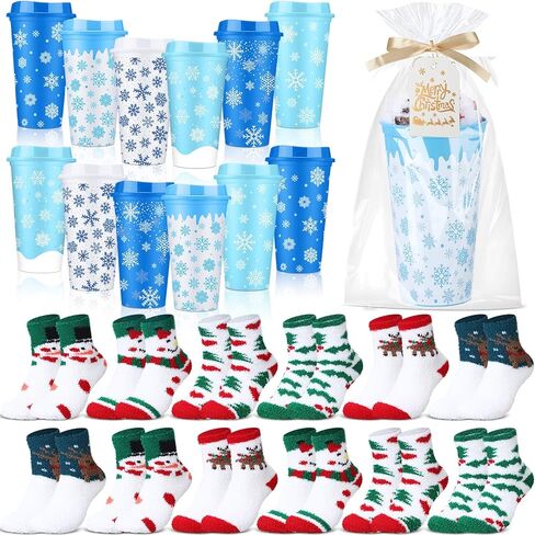 12 Sets Christmas Bulk Gifts for Coworkers 16 oz Reusable Coffee Cup Fuzzy Socks and Xmas Card Sets for Women Staff in Saudi Arabia
