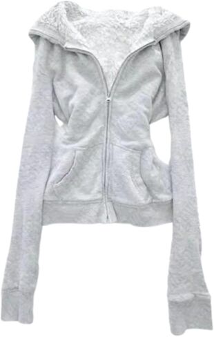 Y2K Fur Collar Hoodies for Women Zip Up Oversized Jacket Streetwear Crop Top Grunge Hoodies in Saudi Arabia