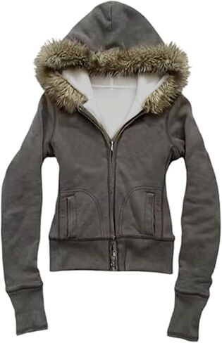 Y2K Fur Collar Hoodies for Women Zip Up Oversized Jacket Streetwear Crop Top Grunge Hoodies in Saudi Arabia