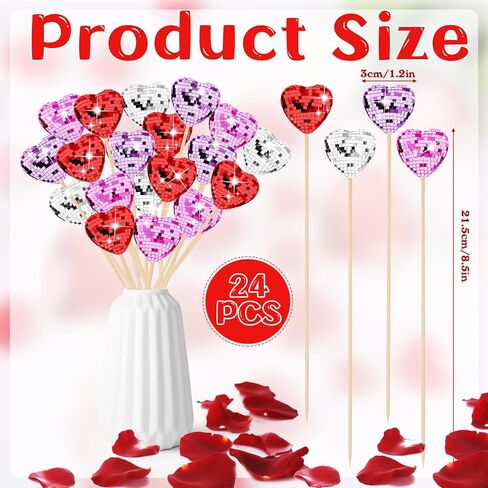 YLOLUL 24 Pcs Valentine's Day Heart Shaped Picks Valentine Glitter Foam Hearts Stems Heart Shaped Disco Balls Mirror Heart Disco Picks for Valentine Wedding Cake Vase Filler Party Supplies in Saudi Arabia