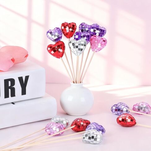 YLOLUL 24 Pcs Valentine's Day Heart Shaped Picks Valentine Glitter Foam Hearts Stems Heart Shaped Disco Balls Mirror Heart Disco Picks for Valentine Wedding Cake Vase Filler Party Supplies in Saudi Arabia