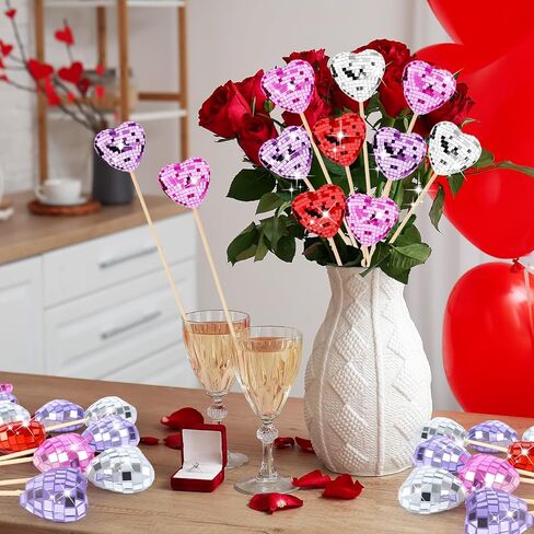 YLOLUL 24 Pcs Valentine's Day Heart Shaped Picks Valentine Glitter Foam Hearts Stems Heart Shaped Disco Balls Mirror Heart Disco Picks for Valentine Wedding Cake Vase Filler Party Supplies in Saudi Arabia